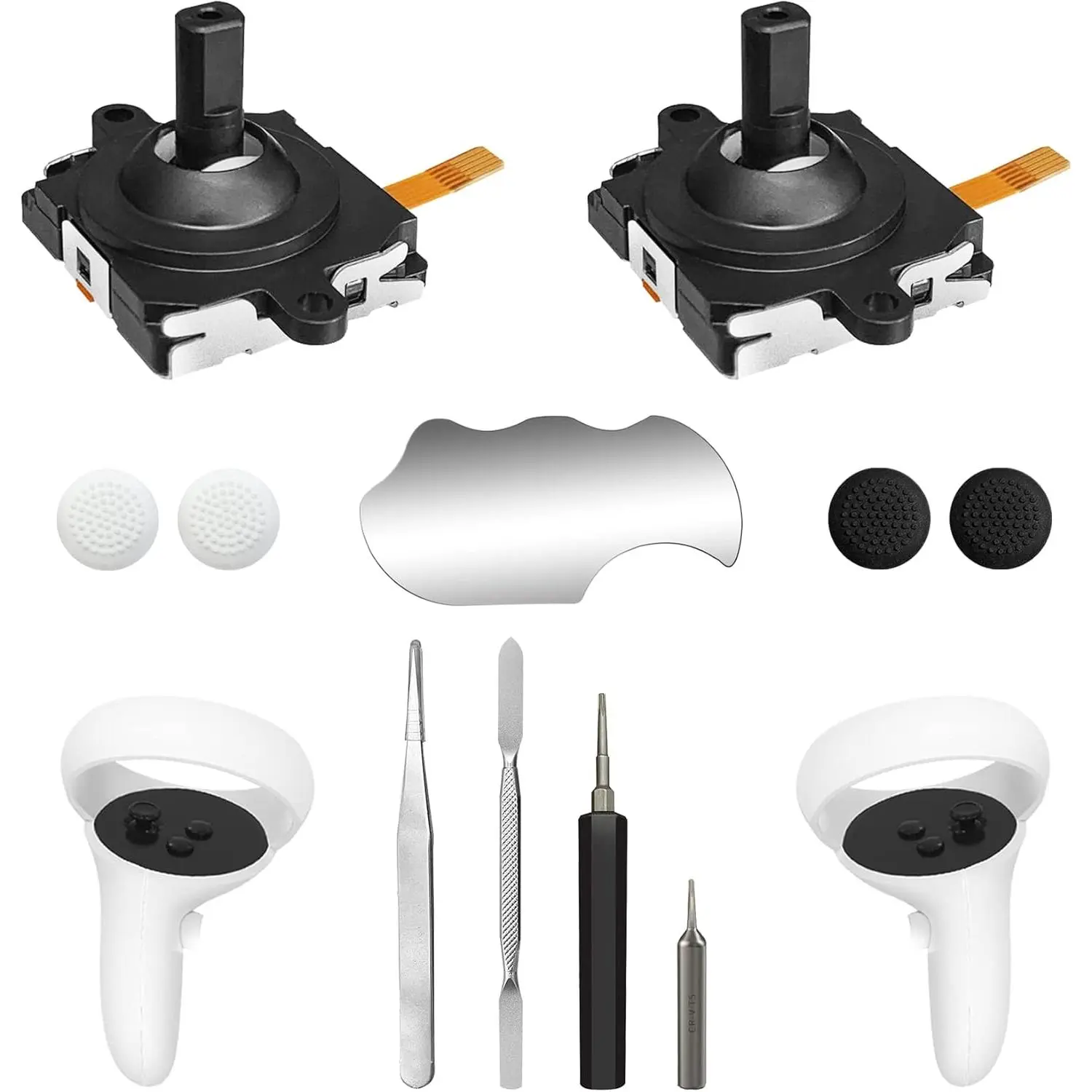 Meta Quest 2/3 Controller Joystick Repair Kit - Silicone & Metal Replacement Accessories, Includes 2 x Replacement Joystick, 1 x Small T5 Screwdriver, Tweezer, Pry Tool, 4 Silicone Caps, Pad, T5 Tools for Oculus Controllers