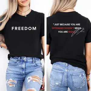 Justice for Charlie Kirk Freedom Shirt Charfie quotes Just because you are offended doesnt mean you are right Casual Fabric Fited Round Neck