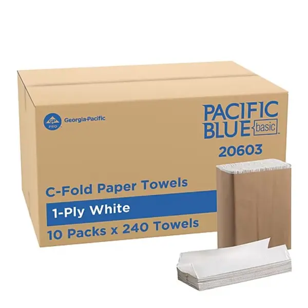 C-Fold Paper Towels, 1-Ply White Hand Drying Towels, 240 Sheets per Pack, 10 Packs per Carton, Commercial Restroom Supplies