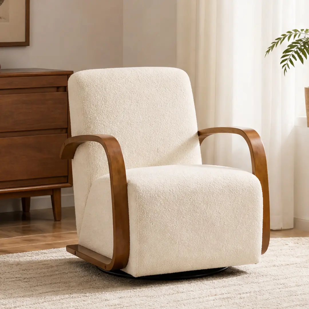 Mid-Century Modern Swivel Accent Chair with Curved Solid Wood Arms, Cream Linen Blend Fabric, 360° Rotation, Ergonomic Foam Seat, Accent Pillow, Small Single Sofa for Living Room Bedroom Reading Nook Office Apartment, Product Weight: 44.00 lb