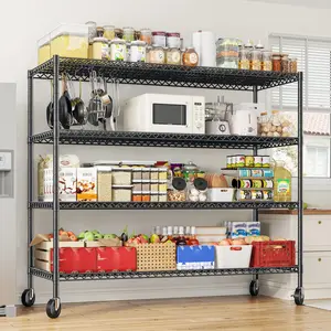 Raybee Furniture Adjustable Storage Shelves, 75.6" H Wire Shelving Unit with Wheels, Heavy Duty Metal Shelves, Large Capacity Storage Organizer for Pantry Kitchen Basement