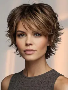 Fashionable Short Wigs for Women, Striking Natural Fluffy Hair Wigs with Bangs, Synthetic Full Machine Wigs for Party, Daily Use