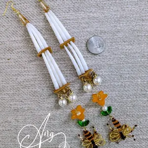 Indigenous 2 Tier Dentalium Shell Earrings With Beaded Bees