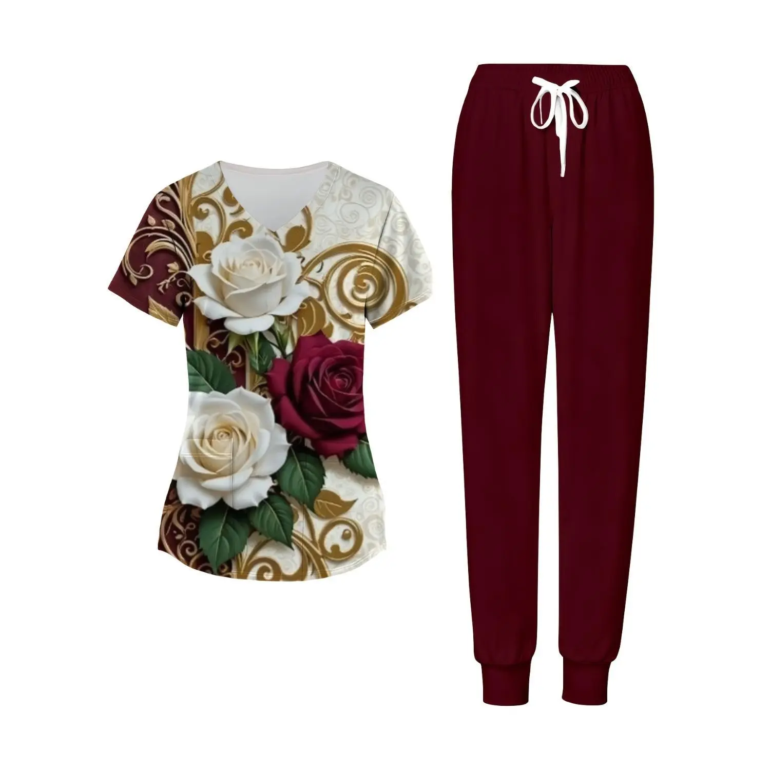 Women'S Nurse Uniform Set Floral Rose Print V-Neck Top And Pants Set with Pockets Casual Scrubs Outfit for Women Comfortable Workwear for Healthcare Professionals
