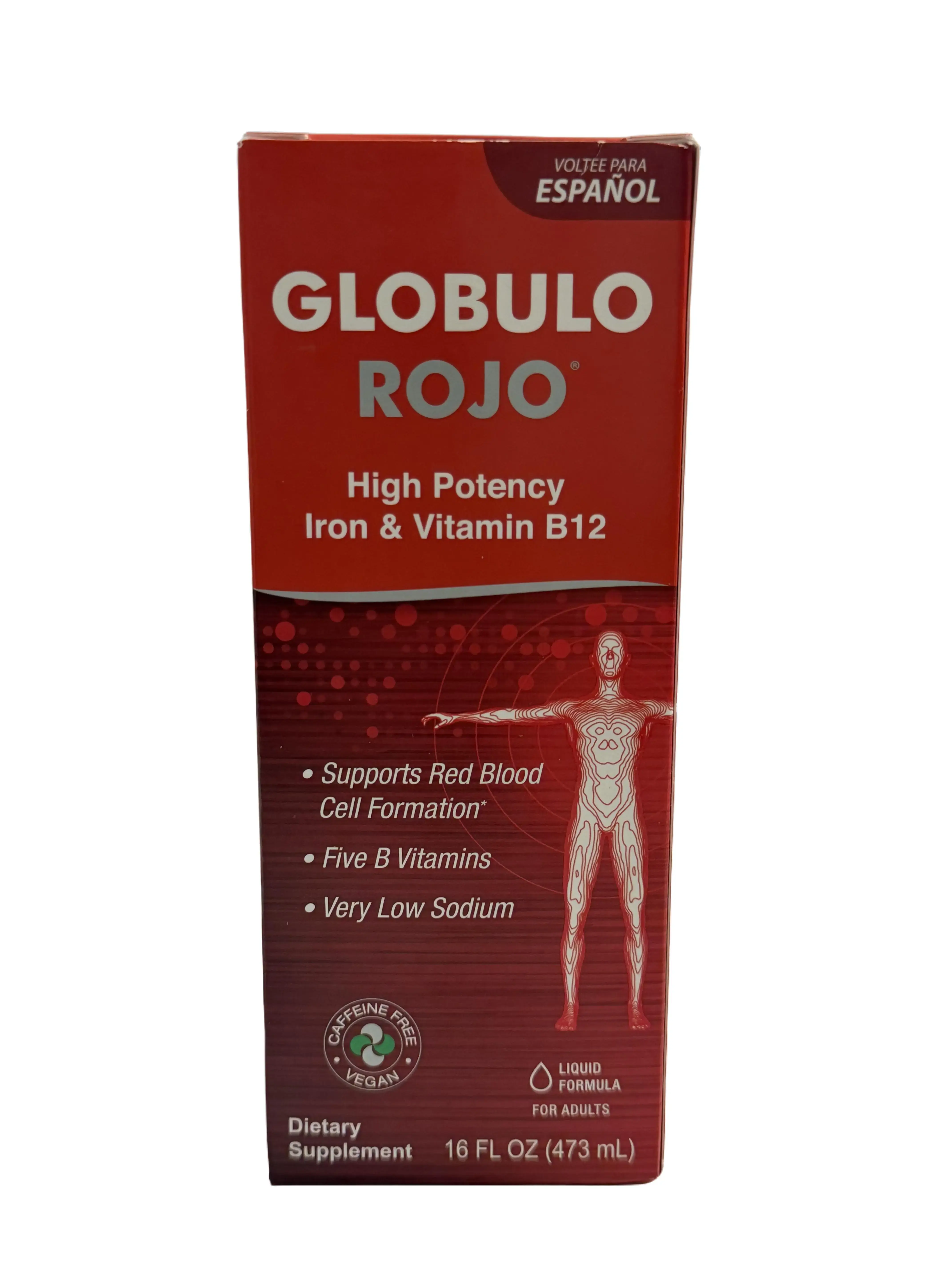 Globulo Rojo High Potency Edible Iron & Vitamin B12 Dietary Supplement - Supports Red Blood Cell Formation, Includes 5 B Vitamins, Very Low Sodium, 16 Fl oz - Health & Nutrition Support