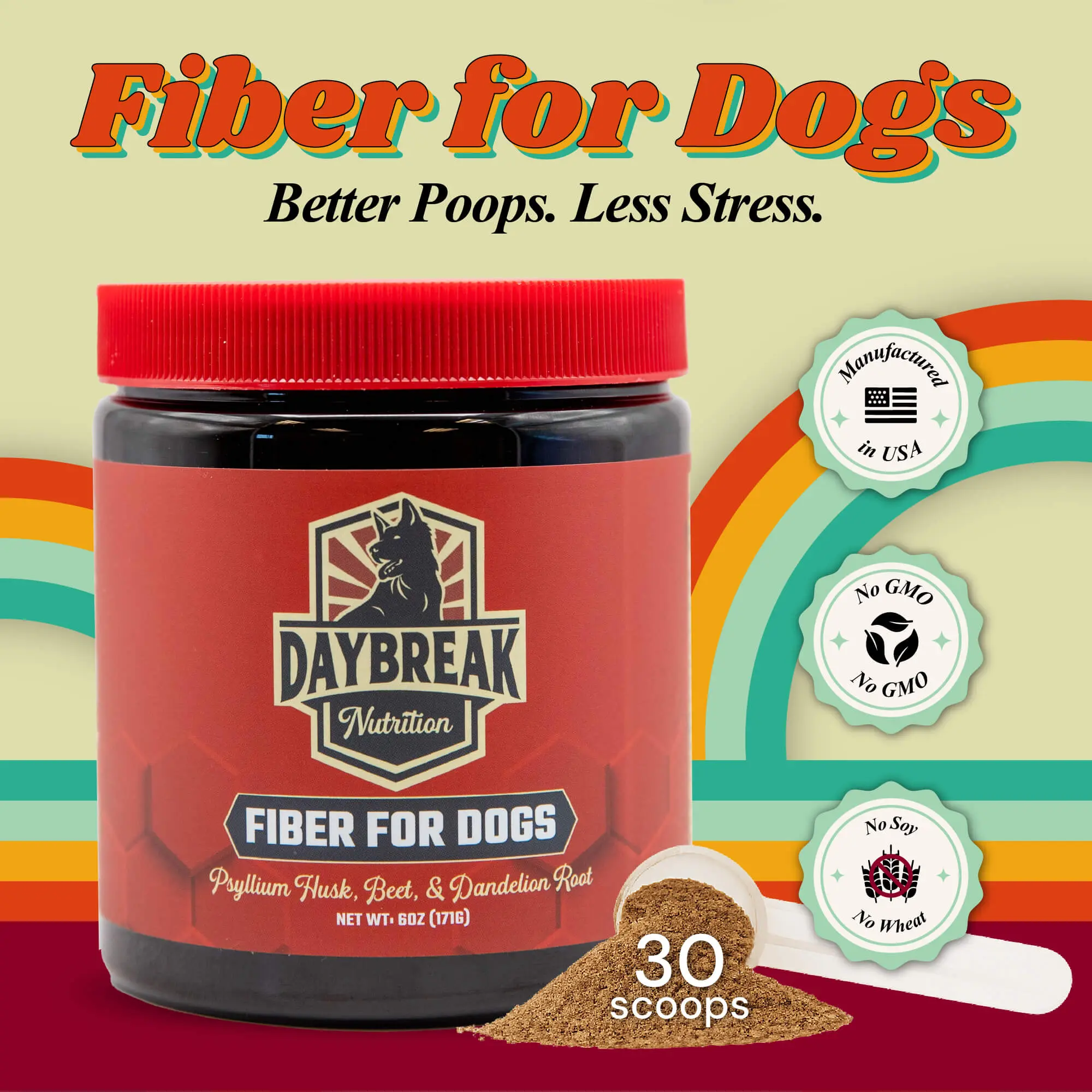 Daybreak Dog Fiber Blend Powder Topper - All Natural, Non-GMO Fiber + Prebiotics (Psyllium Husk, Beet Root, Flaxseed, Dandelion Root) - Beef Liver Powder, All Ages, 24 Months Shelf Life, 60 Day Money Back Guarantee - USA Made Gut & Digestive Support, Gut,