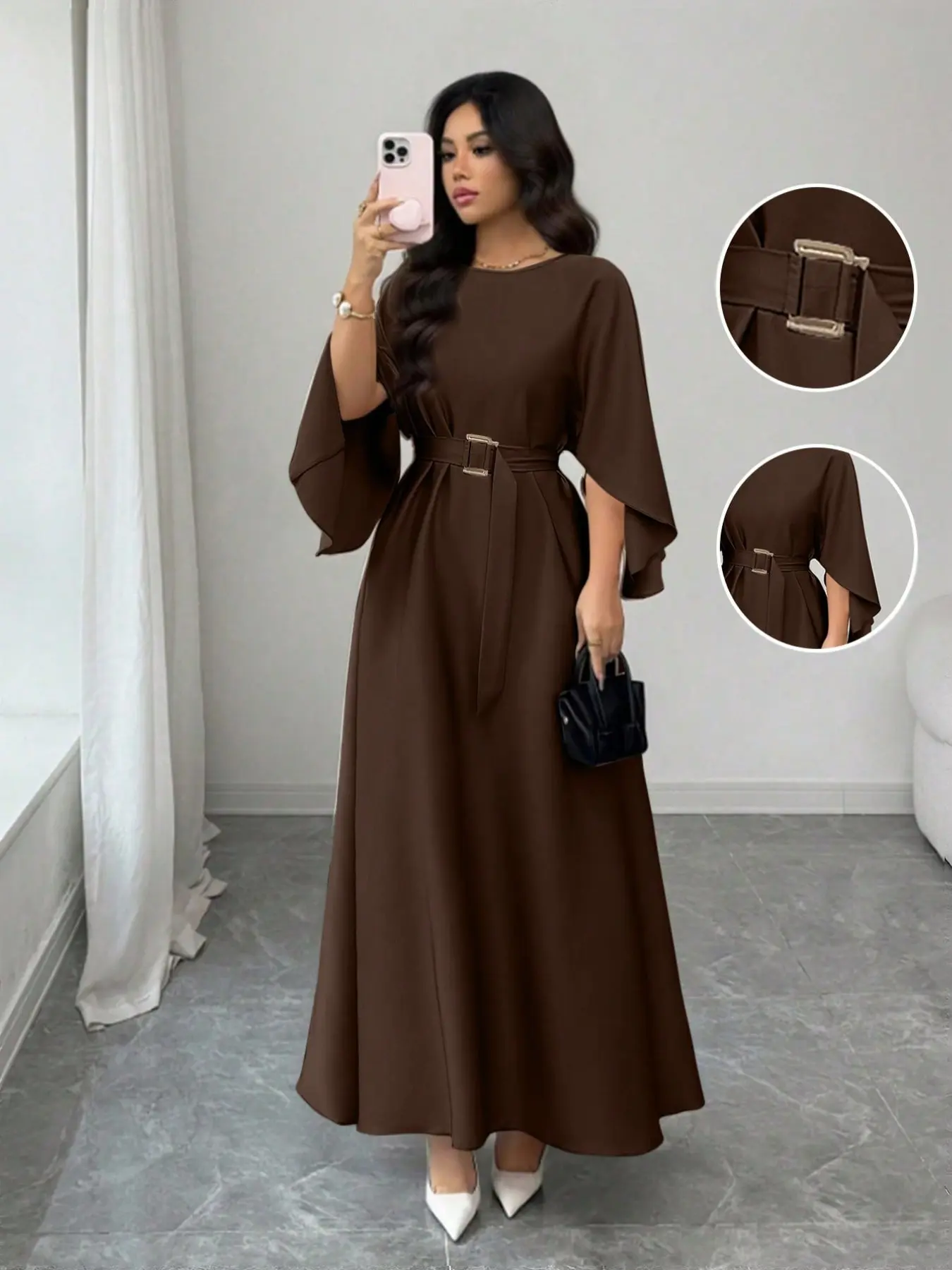 Elegant Waist-Cropped Women's Dress, Belted Sleeve Dress, Loose Fit Slimming Batwing Sleeve Design, Chic Long Skirt for Stylish Looks Elegance