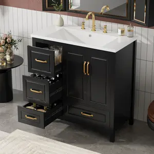 36 inch Bathroom Vanity with Sink, One Cabinet with Soft-closing Doors, 4 Soft-Closing Drawers, Metal Handles, Black