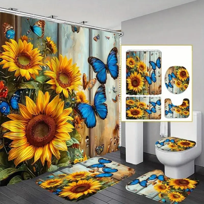 1/4pcs sunflower and butterfly pattern Printed Shower Curtain set, non-slip mat, U-shaped rug, toilet seat cover, bathroom, restroom decoration, Includes 12 shower curtain hooks, Bathroom Supplies, Bathroom Decoration Accessories