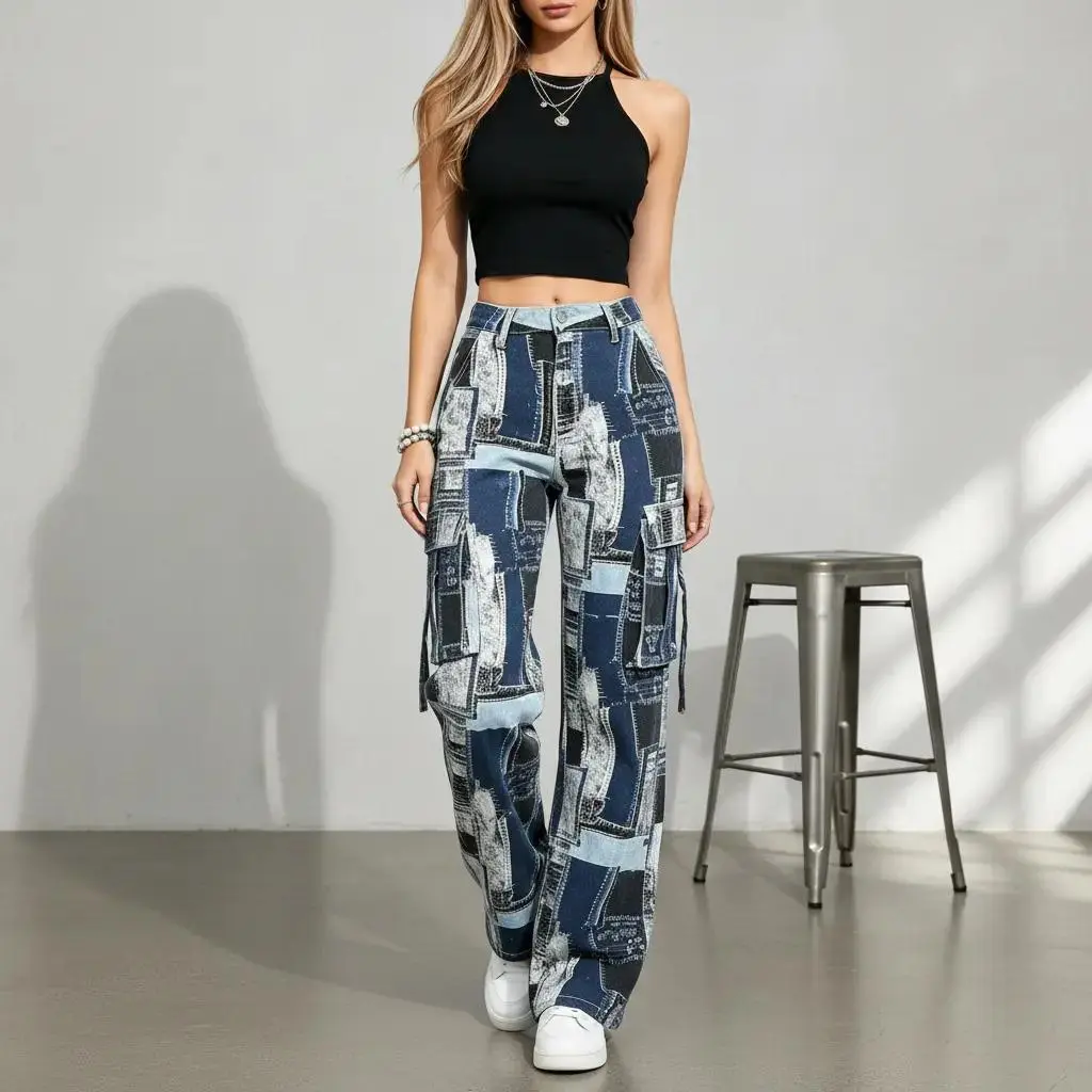 Patchwork Denim Pants for Women - Trendy Wide Leg Design with Unique Patterns and Comfortable Fit