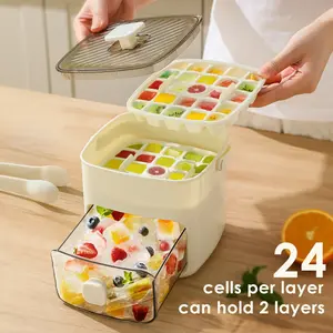48 Grids Ice Cube Maker, Food Grade Plastic Storage Tray, Portable Ice Tray Box For Homemade Freezer Storage, Ice Cube Making Machine With Ice Skimmer And Large Box, Large Capacity, Double Layer Design, Perfect For Kitchen Use
