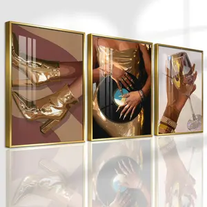 3 Counts Aluminum Alloy Framed Painting, Golden Fashion Woman Shoes Vinyl Record And Wine Glass Pictures, Home Decoration For Living Room, Bedroom, Office, Restaurant, Hallway Wall Decor, Odorless Print Artwork, Luxury Perfect Gift For Friends And Family