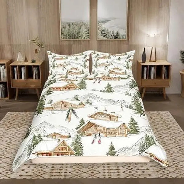 Lodge Cabin Bedding Setsnow Mountain Retro Wooden Farmhouse Duvet Cover for Teens Adults,Winter Ski Skis Sports Rustic Style Quilt Cover (No Comforter)