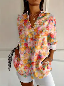 Women's Vintage Digital Print, Classic Collar Full Print Long Sleeve Blouse, All Seasons Blouse, Stylish and Comfortable Everyday Wear