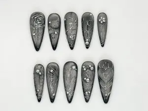 Elegant Silver Gothic Press-On Nails | Intricate Butterfly and Rose Silver Nails | Luxury Silver Gothic