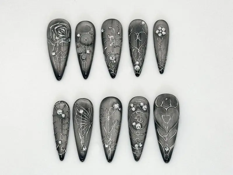 Elegant Silver Gothic Press-On Nails | Intricate Butterfly and Rose Silver Nails | Luxury Silver Gothic