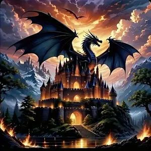 Majestic Dragon Castle 5D Diamond Painting Kit with Square and Round Rhinestones, Acrylic Mosaic Art Crafts for Home & Office Decor, Perfect Gift for Easter & New Year