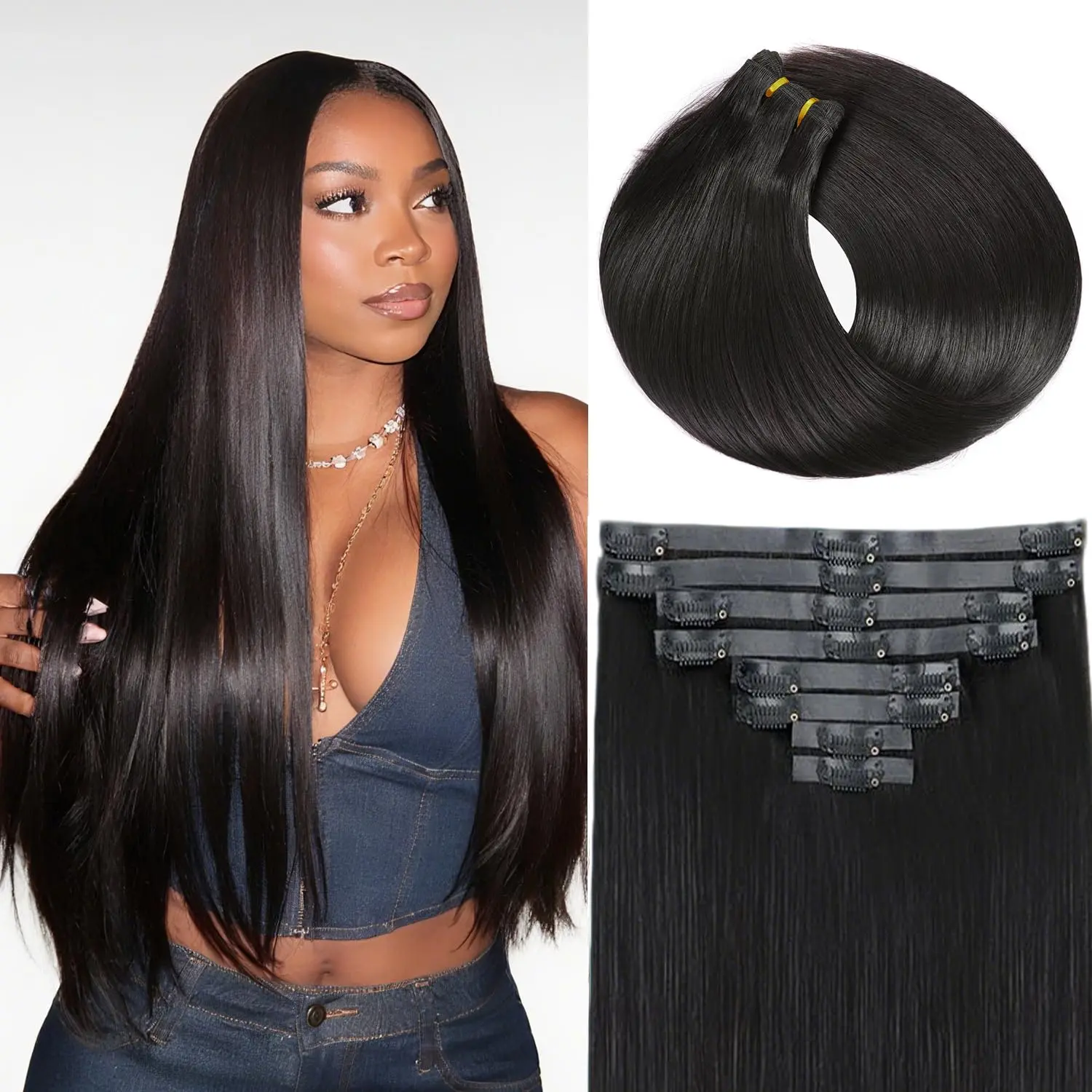 Mamushow Yaki Straight Clip in Hair Extensions Human Hair Seamless Pu Clip ins Hair 8 Pcs 18 Clips Human Hair Natural Black 12-30 Inches 120g/pack