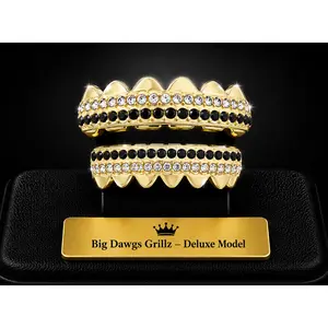 14K Gold Plated Upper & Lower Grillz Set Iced Rows of Bling