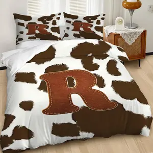 2/3Pcs Western Cow Pattern Letter R Pattern Decorative Duvet Cover Set, Retro Denim Style Comfy Bedroom Bedding Set, Embroidered Texture R,Retro Personality, Soft Microfiber Material for Cozy Sleep. Includes 1 or 2 Pillowcases, Unfilled/Zippered Closure