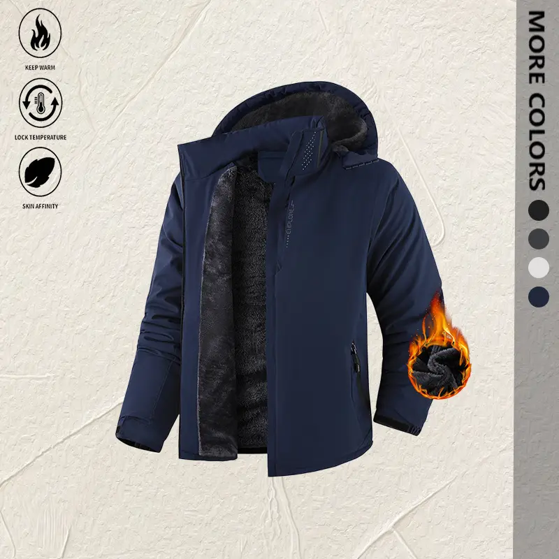 Men's Fleece Lined Hooded Jacket, Windproof Water Resistant Thermal Winter Coat, Warm Outdoor Hiking Ski Casual Outerwear with Zipper Pockets