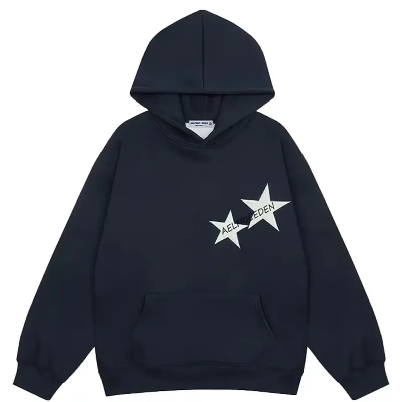 Aelfric Eden Star Print Color Contrast Pullover Hoodie Menswear Tops Sweatshirt Navy Blue with White Star Design