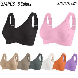 .3/4PCS Women's Ribbed Push Up Wireless Bra, Soft Comfortable Breathable Solid Four-breasted Adjustable Seamless Bra, Women's Lingerie for All Seasons