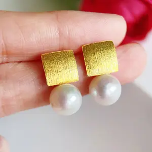 Freshwater Pearl Stud Earrings, Elegant Sterling Silver Real Pearl Earrings, 9.5mm Pearls