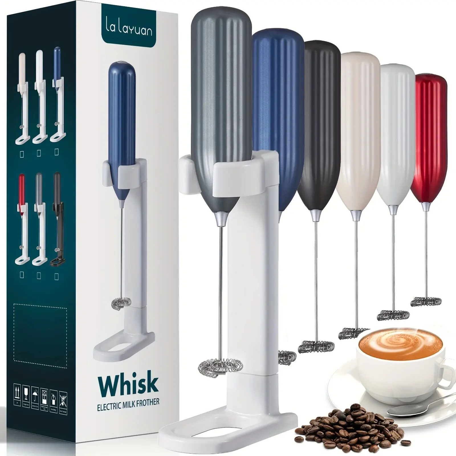 Handheld Electric Milk Frother - Plug-Powered, Portable Mini, Push-Button Household Kitchen Mixer Appliance with Upgraded Stand, Includes Upgraded Stand