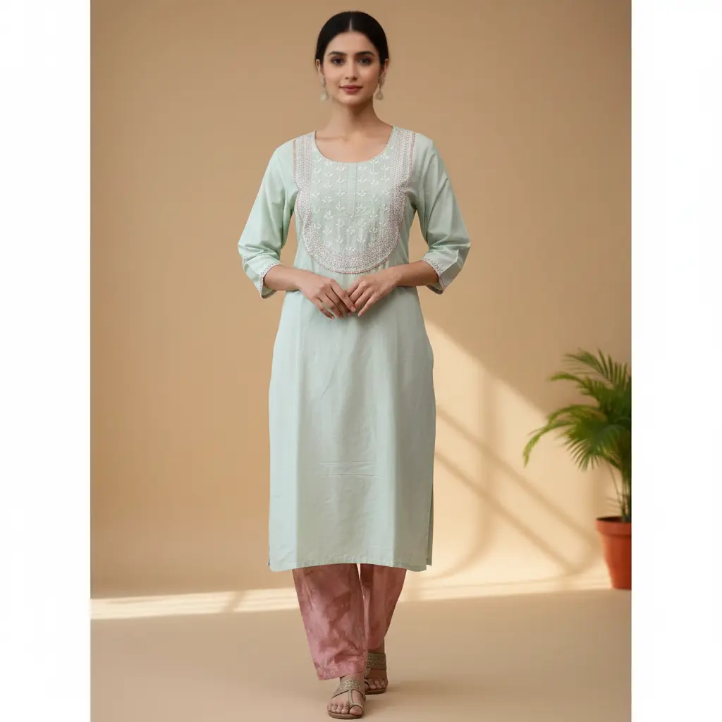 Pastel Mint & Peach 3-Piece Kurta Set with Embroidered Yoke & Tie-Dye Dupatta (3PS-9) Sizes 40& 42