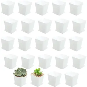 24 Pack 3 Inch White Square Plastic  Pots with Saucers, Seedling Pots with Drainage Hole,Small Planter Containers for ,,Indoor Outdoor Garden, Office Balcony Decor