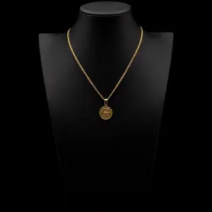 18K Gold Plated Micro Cuban Chain Necklace with Coin Pendant, 3mm 18 Inch Stainless Steel