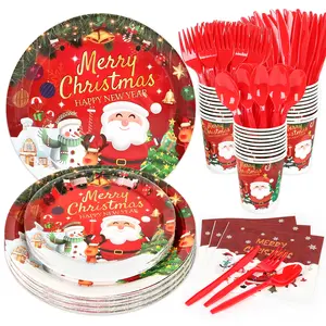 Christmas Party Supplies Set - 25 Dinner Plates 9 25 Dessert Plates 7 25 Napkins 25 9oz Cups 25 Cutlery Merry Christmas Happy New Year Themed Disposable Tableware for Holiday Gatherings Red Santa Snowman Design
