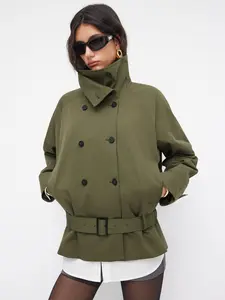 Cider Multi-way Cotton Funnel Neck Double Breasted Oversized Windbreaker With Belt