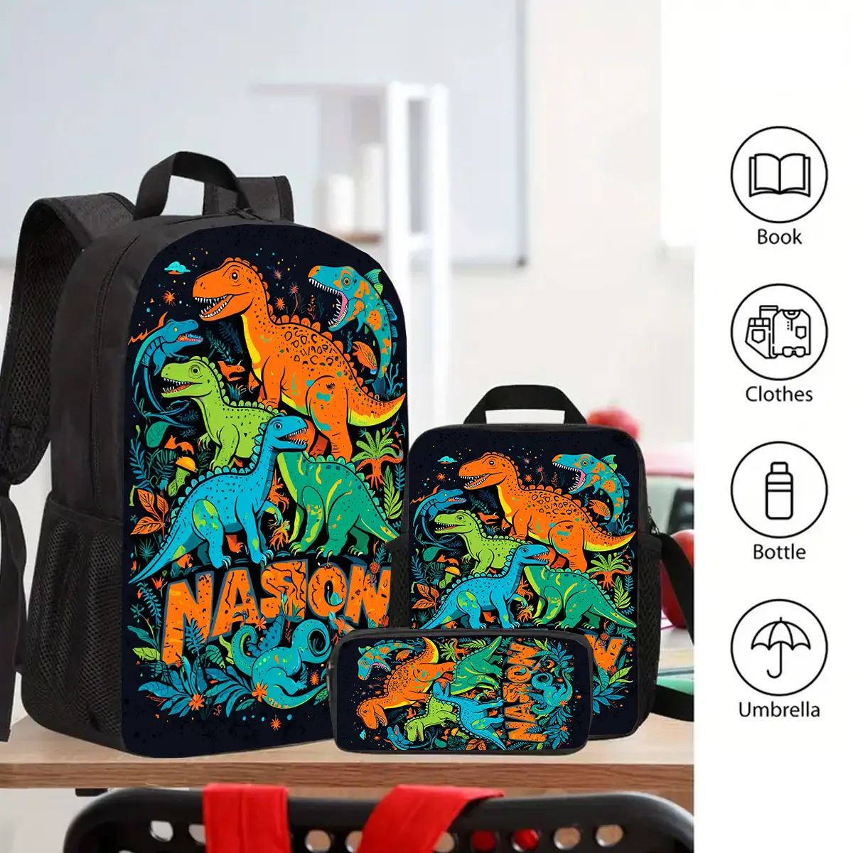 Kids' 3Pcs Custom Neon Dinosaur Print Backpack Set - 600D Oxford Cloth, Adjustable Shoulder Strap, Top Handle, Zipper Closure, Insulated Lunch Box, Pencil Case, 15in Laptop Fit, Large Capacity for School Travel, 3Pcs Set, Unisex Names