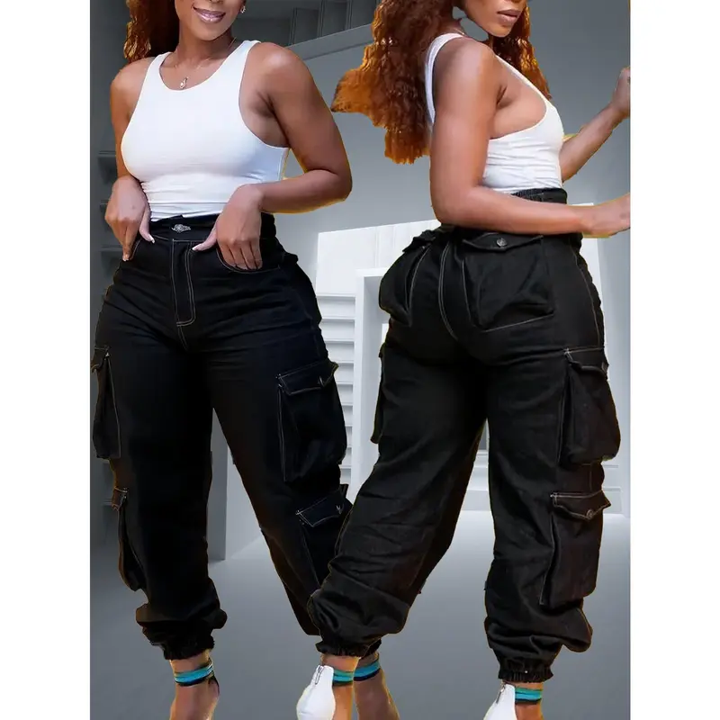 Women's Plus Size High-Waisted Denim Jeans - 31% Polyester Fabric, Stretchy, Non-See-Through, Solid Color, Clean Look, Zipper Closure, Curvy-Friendly Fit, 1 Pocket, All-Season Office & Casual Bottoms