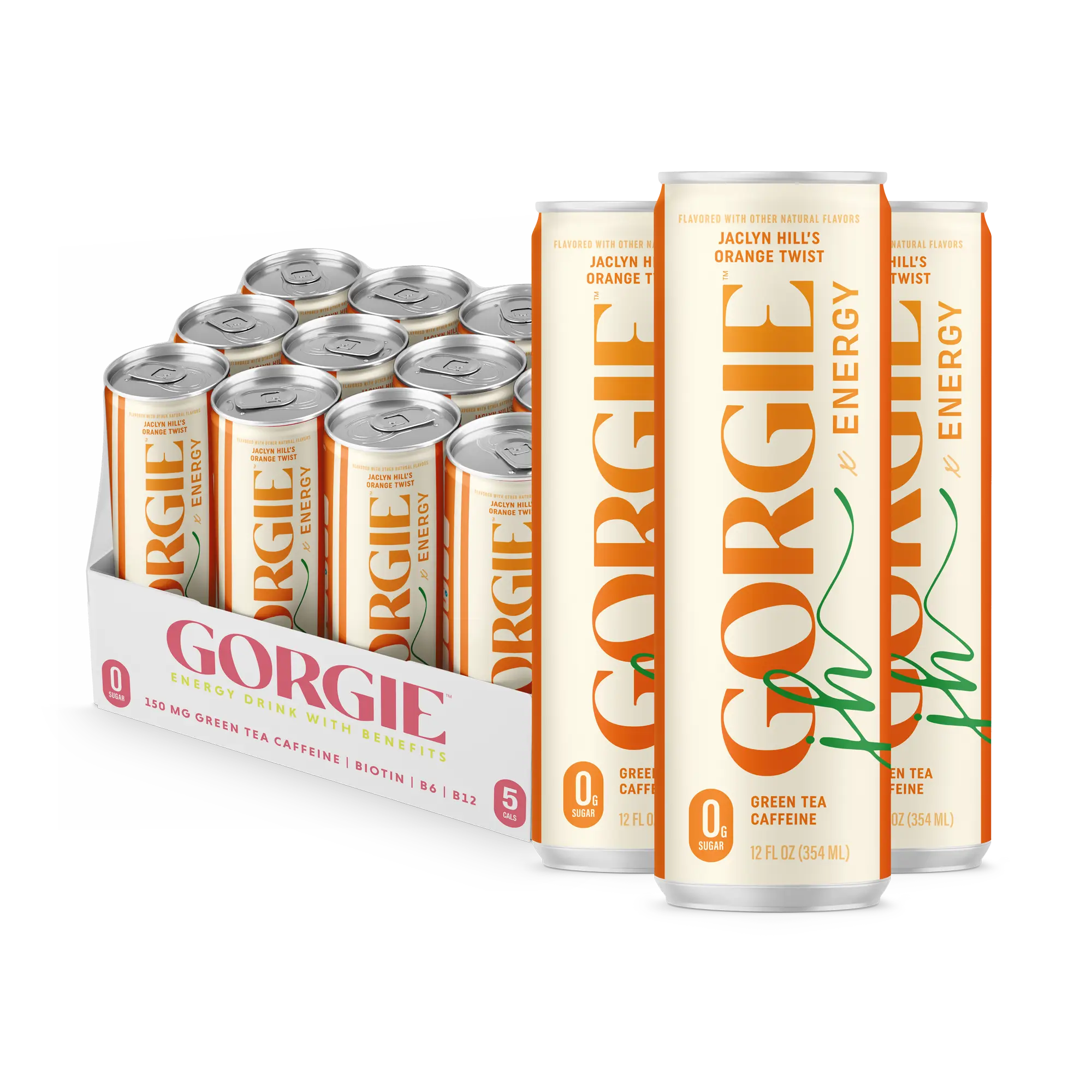 GORGIE Sugar Free Natural Energy Drinks, Jaclyn Hill Orange Twist (12 Pack) Healthy Sparkling Energy Drinks Natural Coffee Replacement with Green Tea