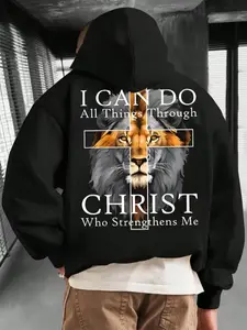 Black Oversized Christian Motivational Hoodie - “I can do all things through Christ” Slogan Lion Cross Faith Apparel, 2025 Trending Religious Streetwear Sweatshirt, Soft Comfortable Fabric Perfect for Daily Casual Wear, Church Gatherings, Faith Events & U
