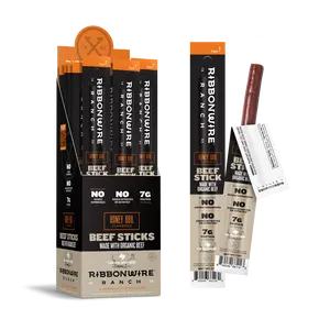 Ribbonwire Ranch Honey BBQ Organic Beef Sticks - 24 Pack, 1oz Each - Natural Snack