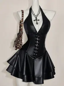 Women’s Y2K PU Leather Halter Mini Dress – Open Back Cross Strap Gyaru Concert Party Outfit
