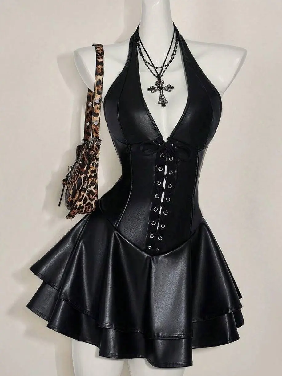 Women's Y2K PU Leather Halter Mini Dress  Open Back Cross Strap Gyaru  Concert Party Outfit - TikTok Shop