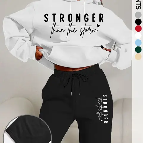 Women's Casual Loose Two-Piece Set with Hooded Sweatshirt and Printed Pants, Ideal Fall and Winter, Trendy Letter Print Style