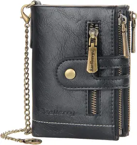 Wallets for Men Bifold Leather Wallets with Chain RFID Blocking Double Zipper  Pocket Short Purse (Black)