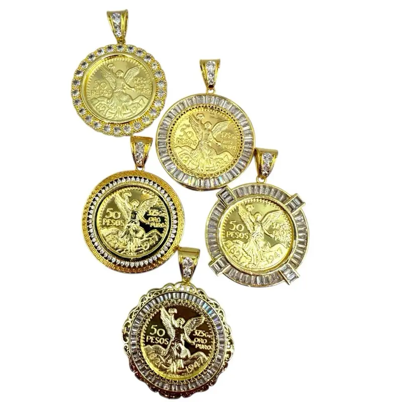 Mexican Centenarios, Luxury Pendants, CZ 14k Gold Plated, With Brilliant Zirconia Micro Inserts