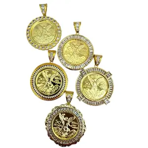 Mexican Centenarios, Luxury Pendants, CZ 14k Gold Plated, With Brilliant Zirconia Micro Inserts