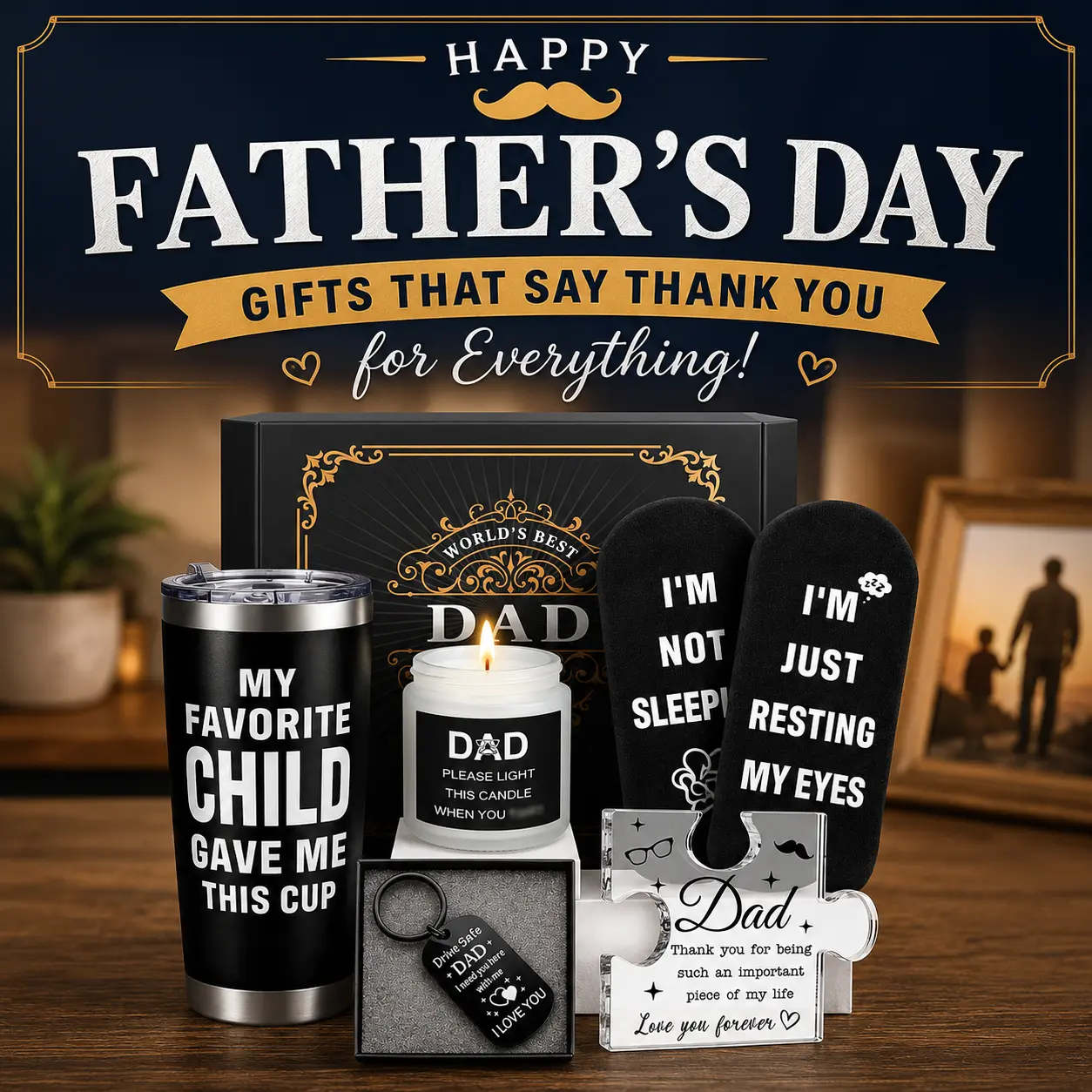Dad Gift Basket Birthday Gifts for Dad from Daughter Son Kids with Tumbler Candle Socks Puzzle Keychain Gift Box Cool Father's Day Christmas Birthday Presents for Best Dad