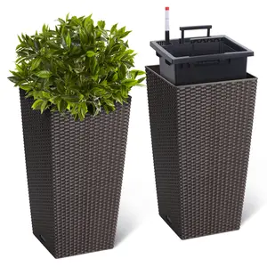 16“/23" Tall Planter Set of 2, Outdoor＆Indoor Planter Pots, High Front Porch Planter Pots with Drainage Holes＆Water Level Monitor＆Inner Bucket, Automatic Watering, Convenience Instill, Black