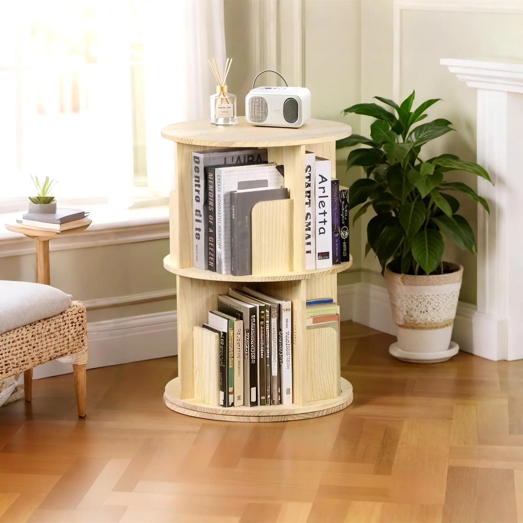 Zeny 2-Tier 360° Rotating Natural Pine Wood Floor-Standing Spinning Bookshelf, Contemporary Multi-Functional Modern Corner Organizer for Home Living Room Collectibles Storage, Clean Aesthetic Small House Design Piece, Modern Corner Bookshelf, Rotates 360°