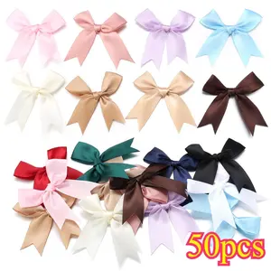 50pcs Satin Ribbon Bows - Small Flower Gift Ties, DIY Craft Bows for Wedding, Birth Party, Baking Decorations (3.3"x3.3") Plain Wrap Knot