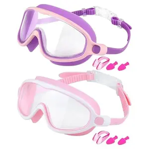 New Kids Wide View Swimming Goggles Set of 2, Anti-Fog UV Protection Leakproof, Ear Plugs Included, Ages 3-14